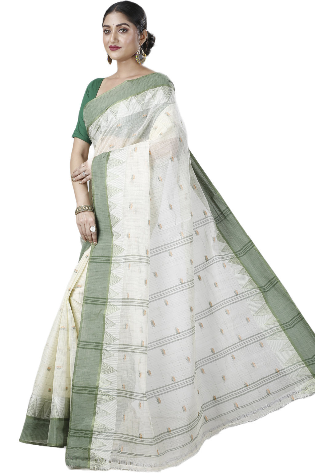 Green Pure Cotton Ishvari Tant Saree (1081)